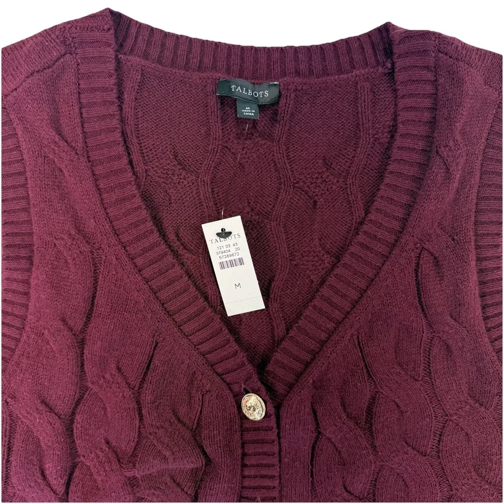 NWT TALBOTS CABLE KNIT V-NECK SWEATER VEST Rich Burgundy Gold Buttons Size M New - Picture 3 of 11